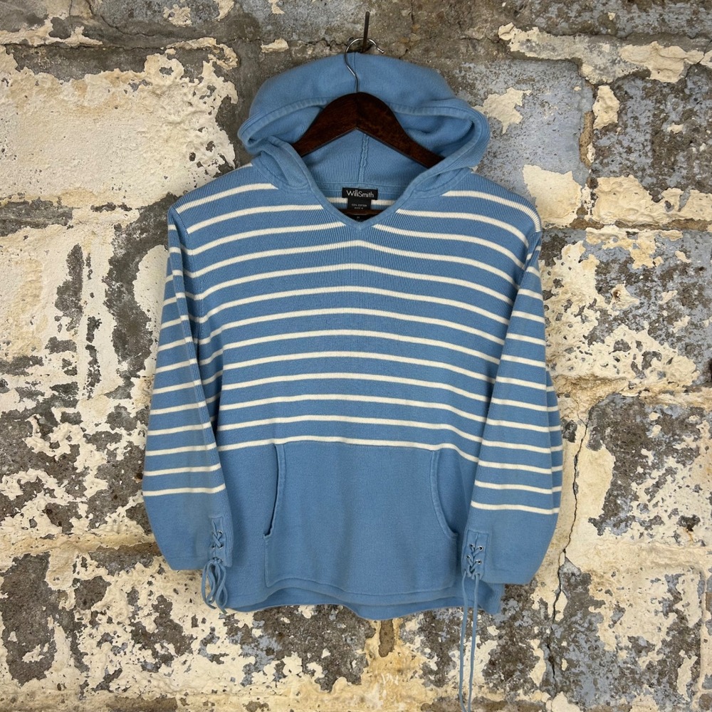 VTG Y2K WilliSmith Striped Knit Hoodie Blue White Lace Up Cuffs Womens Medium